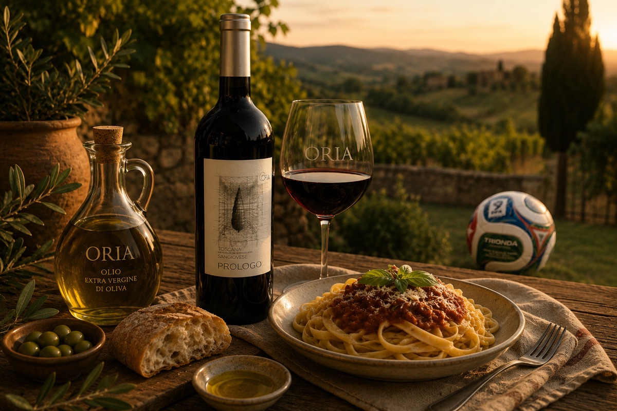 Botella de Oria Prólogo, aceite de oliva Oria, una copa de vino, pasta y una pelota de fútbol sobre una mesa toscana al atardecer