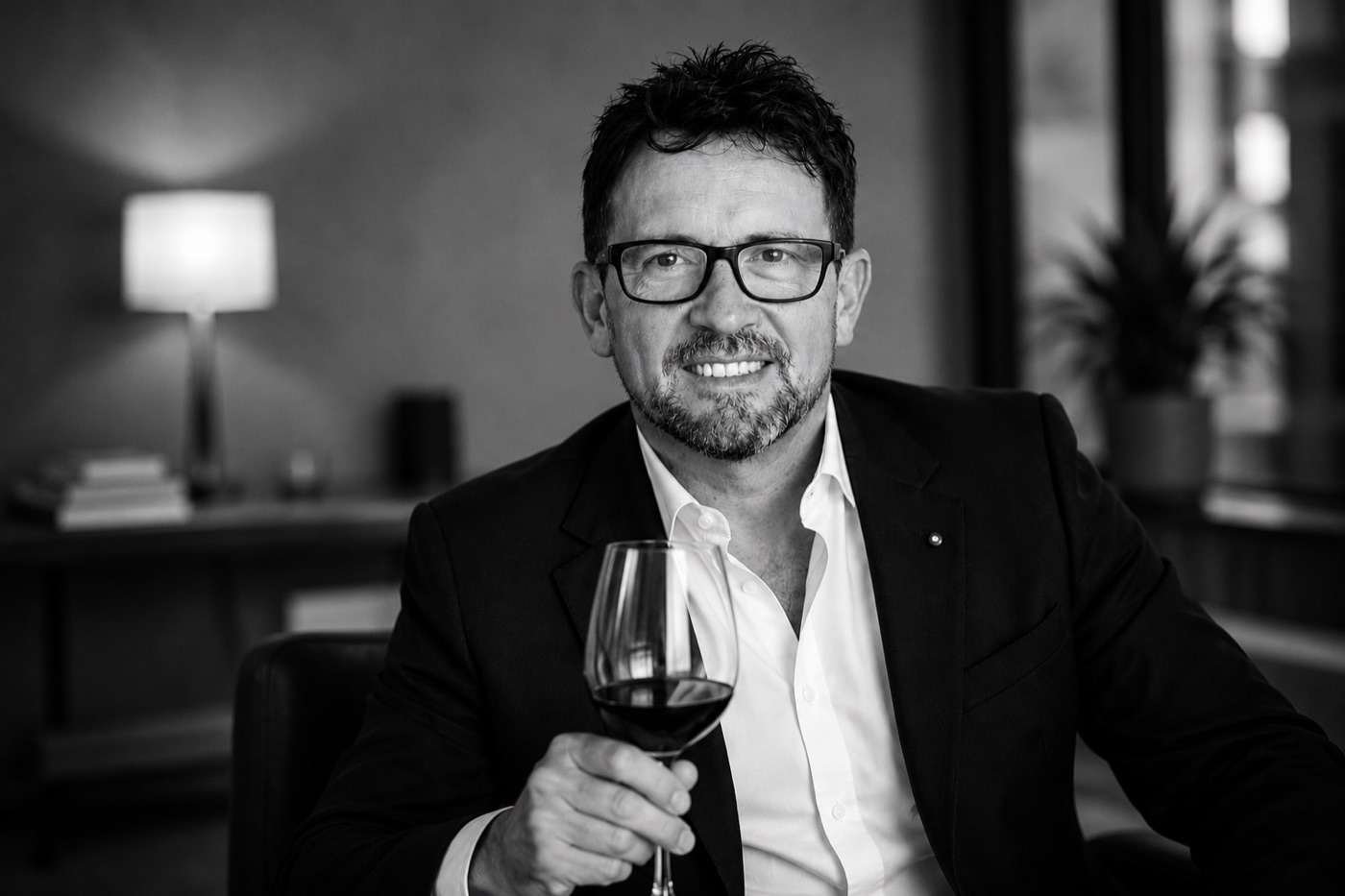 Martín Iglesias con una copa de vino en blanco y negro