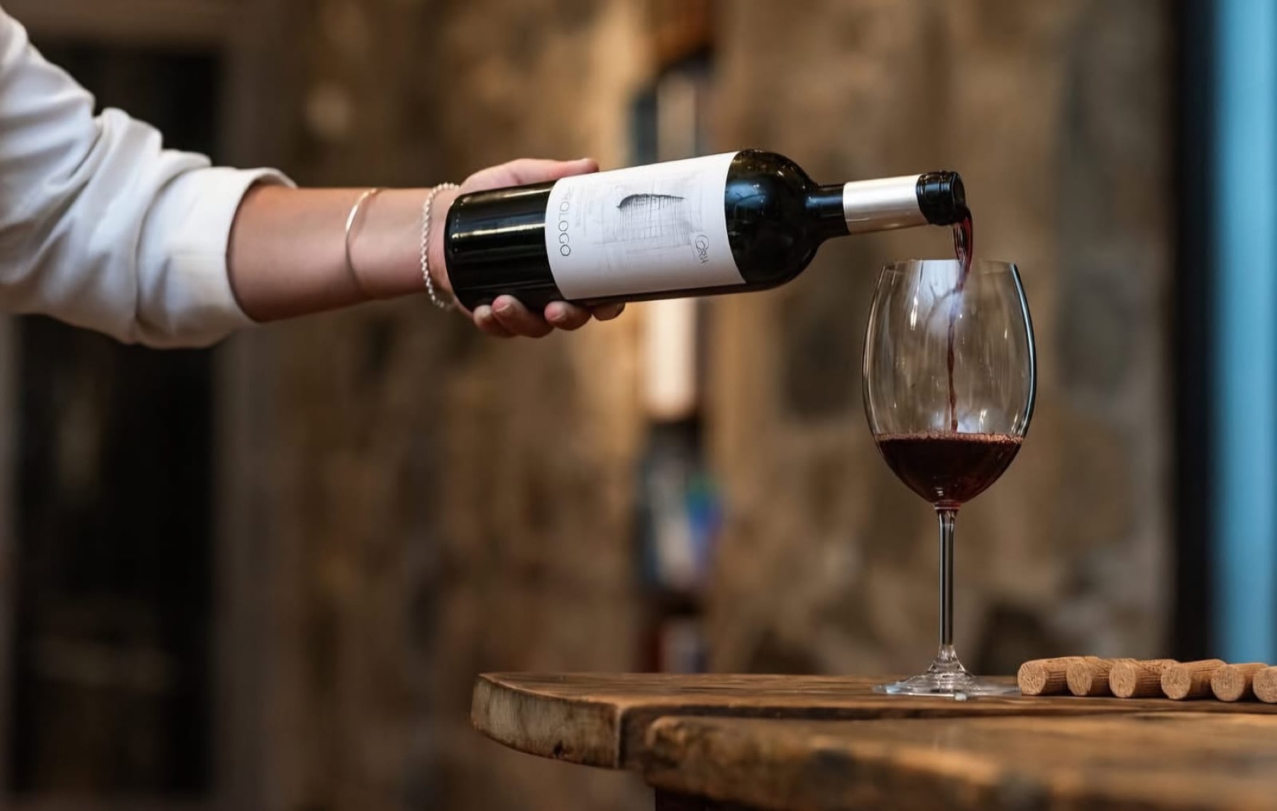 Oria Prólogo — botella siendo servida en copa, Sangiovese de Val d'Orcia por Roberto Cipresso